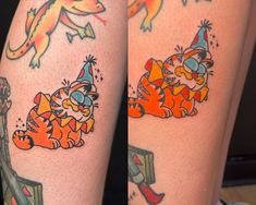 two tattoos on both legs with cartoon cats and clowns painted on the leg, one is wearing a birthday hat