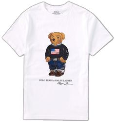 White Cotton Tops With Bear Print, White Short Sleeve Top With Bear Print, White Graphic Tee With Bear Print, Casual White T-shirt With Bear Print, Classic American Style, Bear Graphic, Ralph Lauren Kids, Polo Bear, Family Affair