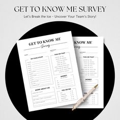 the get to know me survey is shown on top of a black and white circle