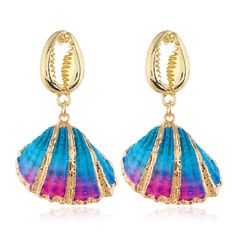 Add a splash of aquatic charm to your under-the-sun wardrobe with these swaying shell drop earrings, embellished with bright hues and a glowing 18k gold-plated finish. 1.1" W x 1.89" L 18k gold-plated copper / enamel Ocean-inspired Shell Drop Earrings For Summer, Summer Ocean-inspired Shell-shaped Earrings, Blue Shell-shaped Earrings For Beach, Gold Dangle Shell Earrings For Summer, Summer Multicolor Shell Jewelry, Ocean-inspired Drop Earrings For Summer, Chunky Choker Necklace, Trending Earrings, Seashell Pendants