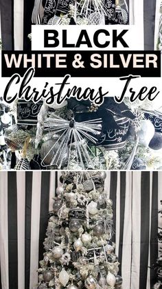 Silver And Gray Christmas Tree, Frosted Tree With Black Ornaments, Black White Christmas Tree Decorations, Flocked Christmas Tree With Black Ornaments, Black And Silver Christmas Tree Decor, Black White And Gold Christmas Tree Decorations, Black White Silver Christmas Tree Decor, Black And Silver Christmas Tree Ideas, Black White And Gold Christmas Tree Decorating Ideas