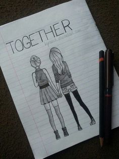 a drawing of two girls standing next to each other on top of a piece of paper