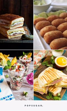 four different shots of food including sandwiches, salads, and desserts on serving trays