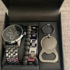 Men’s Folio Watch Gift Set, With 2 Bracelets & A Key Chain, Brand New, Makes A Great Gift Black Metal Watch As A Gift, Casual Black Watch Accessories For Gift, Metal Analog Watch Accessories As Gifts, Black Stainless Steel Watch Accessories For Gift, Black Stainless Steel Watch Accessories As Gift, Versace Bracelet, Gold Necklace For Men, Viking Skull, Vday Gifts