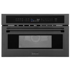 a black microwave oven with the door open and its electronic controls on it's side