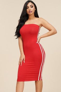 This Red Tube Top Dress is designed for a body-hugging fit, with stripes running down the sides. The proportions are true-to-size for most. Featuring a combination of Polyester and Spandex fabric, it provides a stretchy, comfortable fit. Perfect for a Fourth of July celebration—or any special event. Red Tube Top, Fix Clothing, Tube Top Dress, Tube Dress, Spandex Fabric, Tube Top, Special Events, Red Dress, Spandex