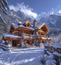 a large wooden house surrounded by snow covered mountains