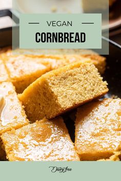 vegan cornbread is cut into squares and served in a skillet with butter on top