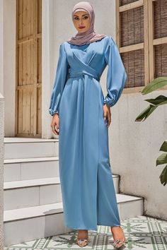 Blue Criss Cross Satin Faux Wrap Maxi Dress-CLEARANCE Dress Hijab Satin, Modest Maxi Dress, Modest Maxi, Satin Long Sleeve, Wrap Maxi Dress, Bow Knot, Satin Maxi Dress, Abayas Fashion, Hijab Tutorial