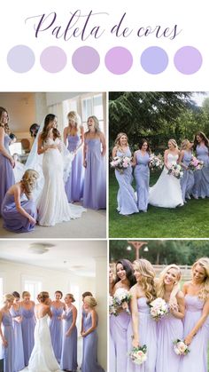 the bride and her bridal party are posing for pictures in their lavender colored dresses