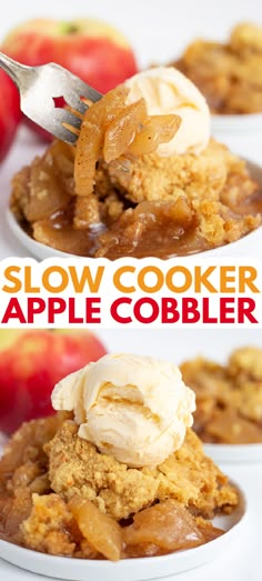 two plates with apple cobbler on them and the same plate has an ice cream scooper in it