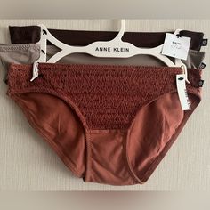 Anne Klein Bikini Underwear Set. 3 Pieces. 2 Pc - Solid 1 Pc - Solid W/Stretch Lace Overlay At Front Seamless Brown Bottoms For Beach, Brown Seamless Bottoms For Beach, Seamless Brown Beach Bottoms, Casual Stretch Brown Swimwear, Casual Brown Stretch Swimwear, Stretch Lace, Lace Overlay, Anne Klein, Tan Brown