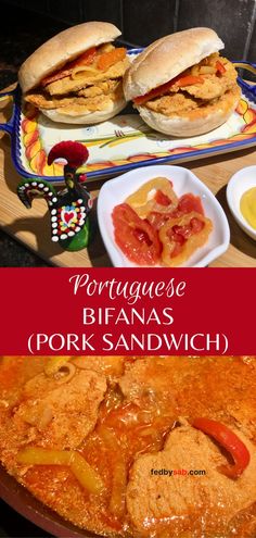 Portuguese bifanas pork sandwiches on a plate on a wood cutting board with a small side plate of mustard and hot peppers Portuguese Recipe, Portuguese Cuisine, Pork Dinner, Famous Recipe, Pork Sandwich, Portuguese Recipes, European Food, Pork Chop Recipes