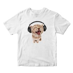 Cute Cat With Headphones White Unisex T-shirt - printwithsky Cute Cat With Headphones, Cat Shirt Aesthetic, White Y2k Shirt, White Shirt Aesthetic, Cat Wearing Headphones, Cat With Headphones, Baggy Pants Outfit, Cat Headphones, Headphones White