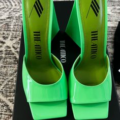 Brand New Green The Attico Mules. Comes With Box And Dust Bag. Modern Green Heels With Contrasting Heel Counter, Chic Green Heels With Contrasting Heel Counter, Luxury Green Platform Heels, Designer Green Platform Heels, Chic Green Square Toe Heels, Luxury Green Closed Toe Heels, Designer Green Block Heels, Designer Green Heels With Padded Heel, Denim Mules