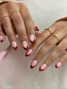 Red Nail With Accent Nail, Almond French Tip With Chrome, Red France Nails, Dark Red Nails With Stars, Trendy Fall Nail Designs 2024, Chic Holiday Nails, Almond Nails Cherry, Nails Winter 2024, Red Polka Dot Nails