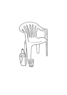 a line drawing of a chair and two vases