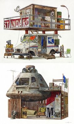 two drawings of a building made out of junk