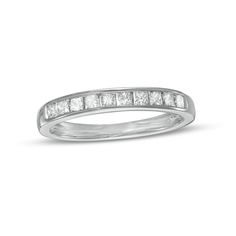 Tell her she's still the one with this timeless diamond anniversary band. Fashioned in cool 10K white gold, this design showcases a row of ten channel-set princess-cut diamonds. Radiant with 1/2 ct. t.w. of diamonds and a bright polished shine, this ring is sure to become her go-to style. Channel Set Princess Cut Rings, Anniversary Half Eternity Princess Cut Diamond Ring, Anniversary Princess Cut Half Eternity Diamond Ring, Anniversary Radiant Cut Diamond Ring Channel Set, Princess Cut Half Eternity Diamond Ring For Anniversary, White Diamond Princess Cut Half Eternity Ring, Classic Princess Cut Half Eternity Diamond Ring, White Princess Cut Diamond Ring With Half Eternity, White Princess Cut Half Eternity Diamond Ring