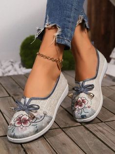 Expertly crafted with beautiful spring blossom embroidery Spring Embroidered Slip-on Flats, Spring Embroidered Closed Toe Flats, Casual Slip-on Flats With Floral Embroidery, Embroidered Casual Flats, Casual Floral Embroidery Slip-on Flats, Embroidered Casual Flats For Spring, Casual Embroidered Summer Flats, Casual Embroidered Slip-on Flats, Casual Embroidered Flats For Summer