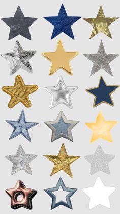 six different types of stars are shown in various colors and sizes, including gold, silver, and blue