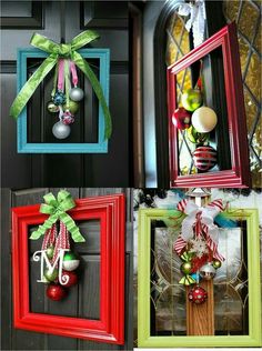 four frames decorated with christmas ornaments and ribbons, hanging on the front door ornament