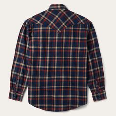 This rugged flannel shirt features a rich navy blue plaid print. Authentic Western details include a snap front, one-point curved back yoke and a three snap cuff. A spread collar with collar stays keeps the shirt looking sharp, while subtly embossed Stetson logos on the chest pocket and sleeve placket further augment the style. It’s made from a garment washed brushed twill flannel that hangs well while keeping its shape and only gets better with age. Brushed Twill Flannel One-Point Curved Back Y Navy Fall Shirt With Button Closure, Navy Shirt With Button Closure For Fall, Plaid Cotton Flannel Shirt With Snap Buttons, Western Fall Flannel Shirt With Button Closure, Western Style Flannel Shirt With Button Closure For Fall, Western Style Long Sleeve Plaid Flannel Shirt, Plaid Long Sleeve Western Flannel Shirt, Western Style Flannel Shirt For Fall, Classic Flannel Shirt With Snap Buttons