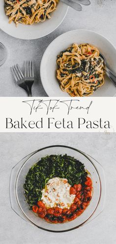 two plates of baked fettuccine and spinach with the title text overlay