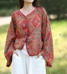 Retro Ethnic Style Loose Ramie Shirts for Women Cheap Festive Cotton Blouse Piece, Bohemian Red Blouse With Relaxed Fit, Bohemian Red Blouse Relaxed Fit, Red Traditional Printed Blouse, Red Printed Traditional Blouse, Traditional Red Printed Blouse, Traditional Red Long Sleeve Top, Traditional Long Sleeve Relaxed Fit Blouse, Traditional Red Blouse For Fall