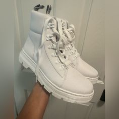 Brand New! White On White. Size 8 White Low-top Winter Boots, White Low-top Boots For Fall, White Low-top Synthetic Boots, White Flat Heel Boots For Streetwear, White Synthetic Low-top Boots, White Sporty Platform Boots, White Lace-up Boots With Textured Sole, White Casual Boots For Streetwear, White Sporty Ankle-high Boots