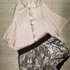 New Girls Sequin Tank Short Set In Gray & Black Size 6x Trendy Silver Sequined Tops, Gray Summer Party Top, Gray Summer Party Tops, Summer Party Gray Top, Gray Party Top For Spring, Gray Party Tops For Spring, Casual Silver Top For Party, Silver Casual Top For Party, Casual Silver Sequined Tops