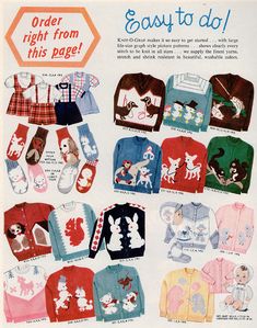 an advertisement for children's sweaters and hats