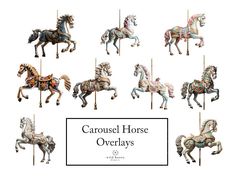 the carousel horses are all different colors and sizes