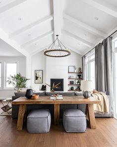 Geometric leg details on the modern, solid wood console table. West Of Main, Pitched Ceiling, Vaulted Ceiling Living Room, Vaulted Ceilings, Vaulted Ceiling, Lounge Room, Farmhouse Living, Living Room Lighting, Living Room Inspiration