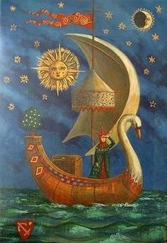 a painting of a man on a boat in the ocean with a sun above it