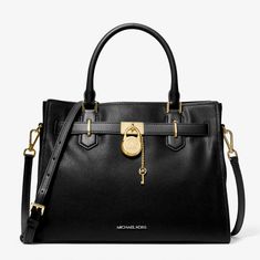 Michael Kors Medium Satchel Hamilton Black Gold Accent Lock And Key Decor Adjustable Shoulder Strap Brand New With Tags Snap Closures Zipper Comparment Interior Leather Beautiful Purse Key Decor, Beautiful Purse, Brown Leather Satchel, Leather Satchel Handbags, Lock And Key