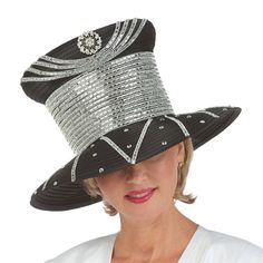 Giovanna HR22134 1 piece Brim Hat Colors: Black, Gold, Red, Silver, White Sizes: One Size Spring Black Top Hat With High Crown, Black High Crown Top Hat For Spring, Black High Crown Top Hat, High Crown Winter Party Hat, High Crown Hats For Winter Party, Winter Party Hat With High Crown, Elegant Black Cap Costume Hat, Dressy Hats, Modern Silver Jewelry