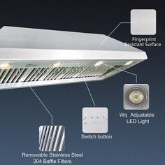 an overhead view of a kitchen hood with lights and other components labeled in the description below