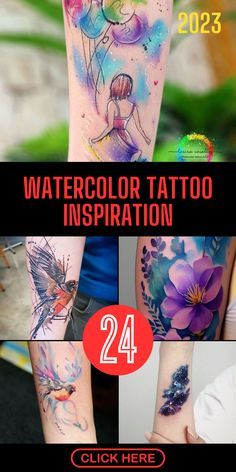 watercolor tattoo inspiration for the new year, including flowers and fairy tattoos on both arms