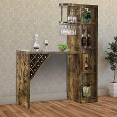 a wooden shelf with wine glasses and bottles on it