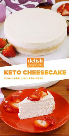 there is a cake with strawberries on it and the words keto cheesecake low - carb i gluten - free