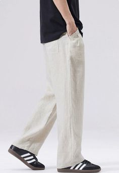 Discover the ultimate in comfort and style with our Slim Fit Elastic Waist Linen Trousers, perfectly blending functionality with a modern edge. Crafted from high-quality flax, these trousers offer a breathable and lightweight experience for all-day ease. The loose straight fit and solid color design evoke a sense of effortless sophistication, while the elastic waist provides a custom fit. Pocket decoration adds practicality and a touch of detail, making these trousers a go-to for any casual yet Modern Loose Fit Summer Pants, Casual Flax Wide-leg Bottoms, Casual Wide-leg Flax Bottoms, Spring Flax Pants With Pockets, Modern Relaxed Fit Summer Pants, Casual Flax Pants For Spring, Modern Linen Relaxed Fit Pants, Modern Baggy Bottoms For Summer, Flax Ankle-length Pants With Pockets