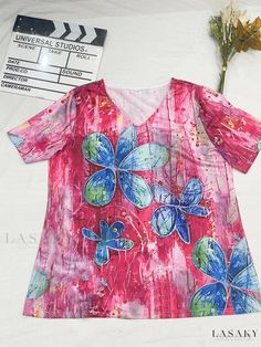 Lasaky - Enchanting Plus Size Casual T-shirt for Women - Elegant Floral Print Short Sleeve V Neck Tee Multicolor V-neck T-shirt For Vacation, Pink Printed V-neck T-shirt, Floral Print Shorts, T Shirt For Women, Elegant Floral, Casual T Shirt, Plus Size Casual, V Neck Tee, Casual T Shirts