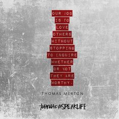 thomas merton's quote about love is shown in red and white on a gray background