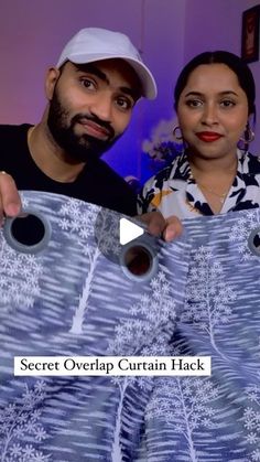 a man and woman holding up two large pieces of fabric with the words secret overripe curtain hack