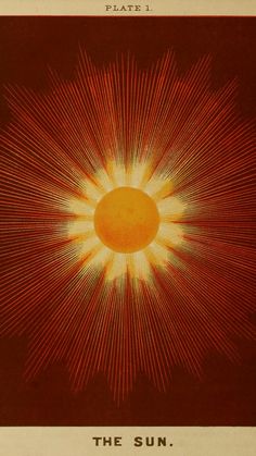 an orange and yellow poster with the sun in it's center, on top of a red background