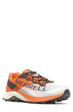 a white and orange sneaker with the word merrell on it's side