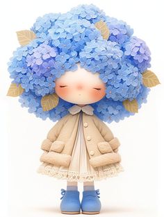 a doll with blue flowers on her head is standing in front of a white background