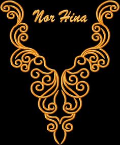 an ornate gold necklace on a black background with the words,'no hina '