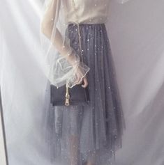 Free Shipping || Shiny Star Glitter Gauze Tulle Midi Skirt Fall Party Tulle Skirt, Spring Party Tulle Skirt Fabric, Sheer Tulle Fabric For Summer Party, Summer Party Tulle Fabric, Gaun Abad Pertengahan, Glitter Fashion, Tulle Midi Skirt, Trendy Skirts, Skirt Midi